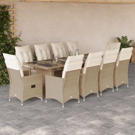 Set de mesa y sillas de jardín 11 pzas y cojines ratán PE beige