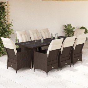 Set de mesa y sillas jardín 9 piezas y cojines ratán PE marrón