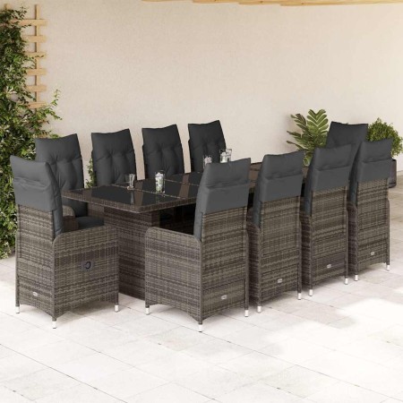 Set de mesa y sillas de jardín 11 pzas y cojines ratán PE gris