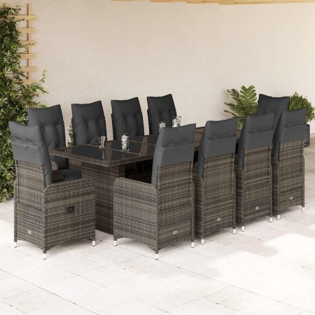 Set de mesa y sillas de jardín 11 pzas y cojines ratán PE gris