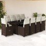 Set de mesa y sillas de jardín 11 pzs y cojines ratán PE marrón