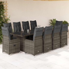 Set de mesa y sillas de jardín 11 pzas y cojines ratán PE gris