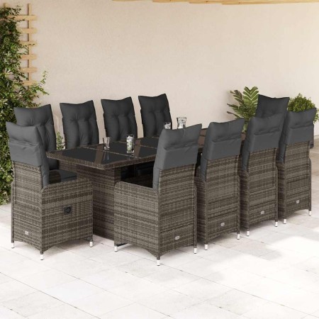 Set de mesa y sillas de jardín 11 pzas y cojines ratán PE gris