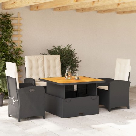 Juego comedor jardín 4 piezas con cojines ratán sintético negro