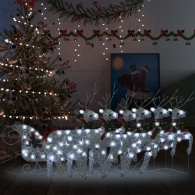 Decoración navideña de renos y trineo de jardín plata 140 LEDs