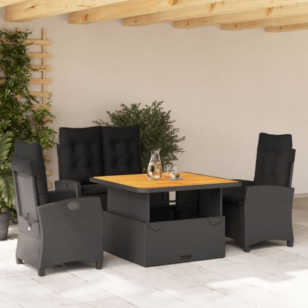 Juego comedor jardín 4 piezas con cojines ratán sintético negro
