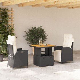 Set comedor de jardín 3 pzas con cojines ratán sintético negro