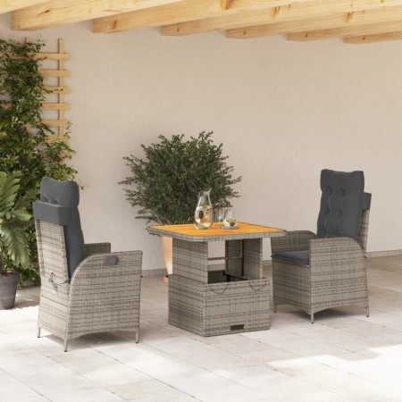 Set comedor de jardín 3 piezas con cojines ratán sintético gris