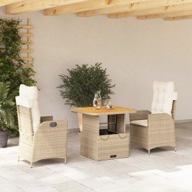 Set comedor de jardín 3 pzas con cojines ratán sintético beige