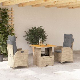 Set comedor de jardín 3 pzas con cojines ratán sintético beige
