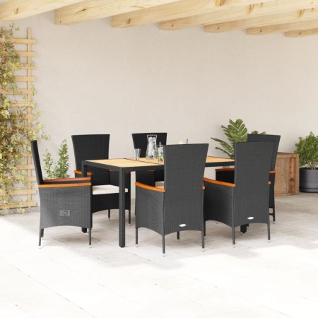 Set de comedor de jardín 7 pzas y cojines ratán sintético negro