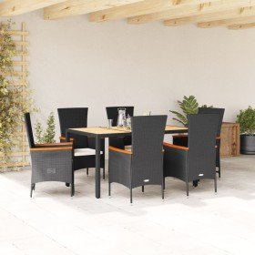 Set de comedor de jardín 7 pzas y cojines ratán sintético negro Set de comedor de jardín 7 pzas y cojines ratán sintético negro