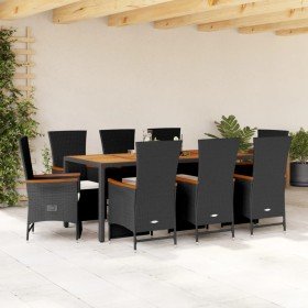 Set de comedor de jardín 9 pzas y cojines ratán sintético negro
