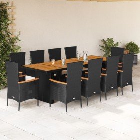Set de comedor jardín 11 pzas con cojines ratán sintético negro