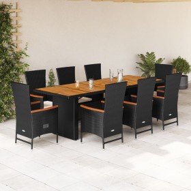 Set de comedor de jardín 9 pzas y cojines ratán sintético negro