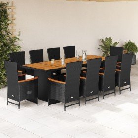 Set de comedor jardín 11 pzas con cojines ratán sintético negro