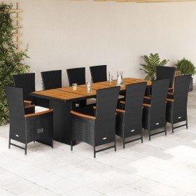 Set de comedor jardín 11 pzas con cojines ratán sintético negro