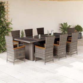 Set comedor jardín 9 pzas y cojines ratán sintético gris