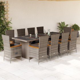 Set de comedor de jardín 11 pzas y cojines ratán sintético gris Set de comedor de jardín 11 pzas y cojines ratán sintético gris