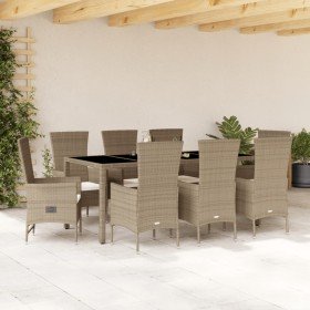 Set comedor de jardín 9 pzas con cojines ratán sintético beige