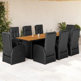 Set de comedor de jardín 9 pzas y cojines ratán sintético negro