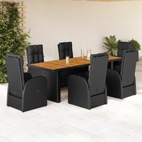 Set de comedor de jardín 7 pzas y cojines ratán sintético negro