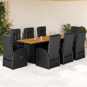 Set de comedor de jardín 9 pzas y cojines ratán sintético negro