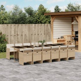 Set comedor de jardín con cojines 13 pzas ratán sintético beige