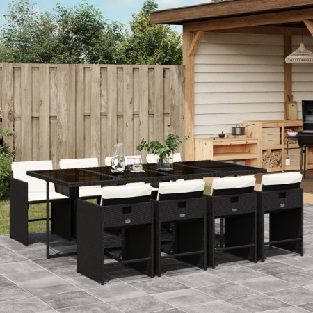 Set de comedor de jardín 9 pzas y cojines ratán sintético negro