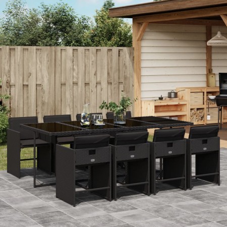 Set de comedor de jardín 9 pzas y cojines ratán sintético negro