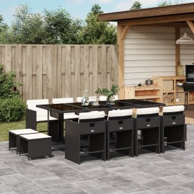 Set comedor de jardín con cojines 13 pzas ratán sintético negro