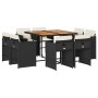 Set de comedor de jardín 9 pzas y cojines ratán sintético negro
