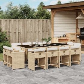 Set comedor de jardín con cojines 13 pzas ratán sintético beige
