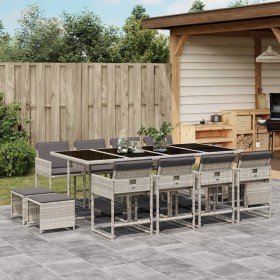 Set comedor jardín y cojines 13 pzas ratán sintético gris claro