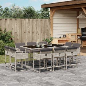 Set de comedor de jardín 11 pzas y cojines ratán sintético gris