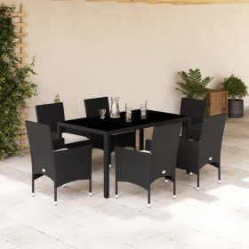 Set comedor jardín 7 pzas cojines ratán sintético vidrio negro Set comedor jardín 7 pzas cojines ratán sintético vidrio negro