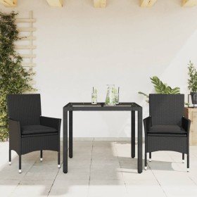 Set comedor jardín 3 pzas cojines ratán sintético vidrio negro