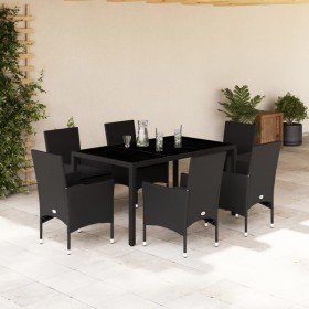 Set comedor jardín 7 pzas cojines ratán sintético vidrio negro