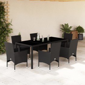 Set comedor jardín 7 pzas cojines ratán sintético vidrio negro