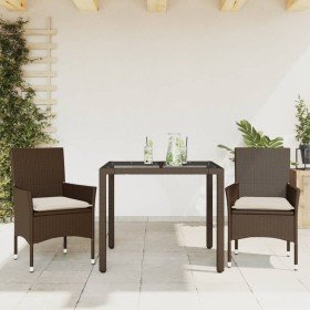 Set comedor jardín 3 pzas cojines ratán sintético vidrio marrón