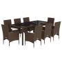Set comedor jardín 9 pzas cojines ratán sintético vidrio marrón