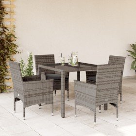 Set comedor jardín 5 pzas y cojines ratán sintético vidrio gris