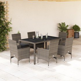 Set comedor jardín 7 pzas y cojines ratán sintético vidrio gris Set comedor jardín 7 pzas y cojines ratán sintético vidrio gris