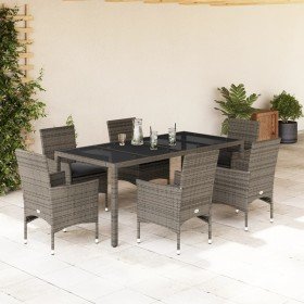 Set comedor jardín 7 pzas y cojines ratán sintético vidrio gris