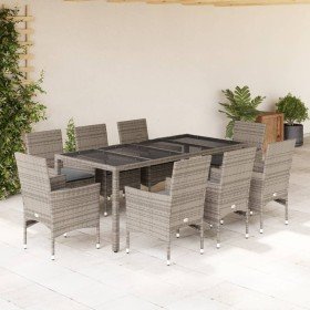 Set comedor jardín 9 pzas y cojines ratán sintético vidrio gris en Conjuntos de jardín | Comprar online en Foro24