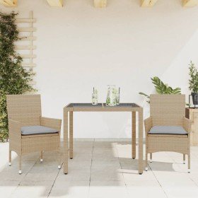 Set comedor jardín 3 pzas cojines ratán sintético vidrio beige