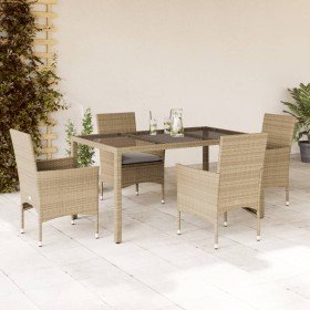Set comedor jardín 5 pzas cojines ratán sintético vidrio beige
