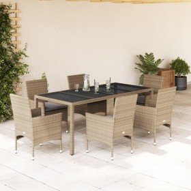 Set comedor jardín 7 pzas cojines ratán sintético vidrio beige