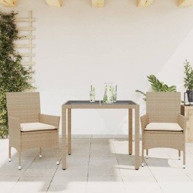 Set comedor jardín 3 pzas cojines ratán sintético vidrio beige