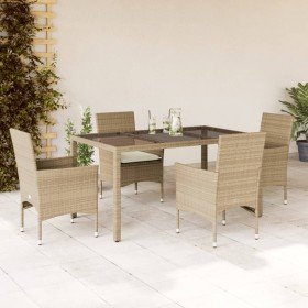 Set comedor jardín 5 pzas cojines ratán sintético vidrio beige